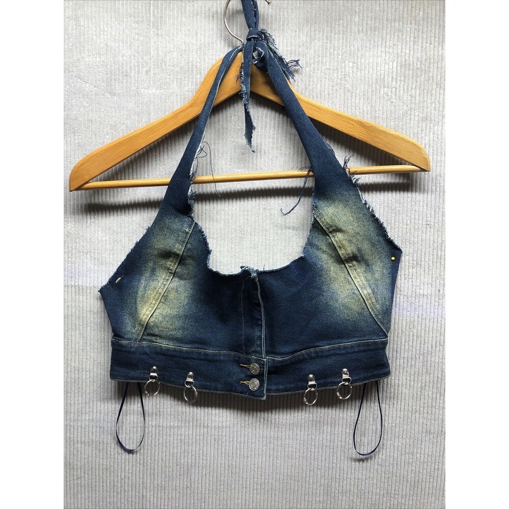 Akira Halter Top Size XL Denim Tie Neck D-Ring Accents Factory Distressed Wash